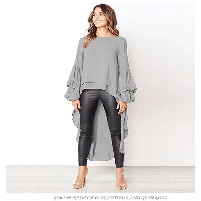 Pull à manches longues en mousseline de soie pour femme, haut irrégulier en mousseline de soie, automne et hiver M gris