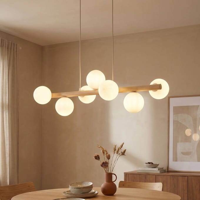 TK Lighting Hanglamp Estera, opaalglas, hout, 7-lamps