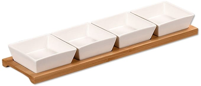 Serveerplank met 4 Schaaltjes, 35 x 9,4 x 5cm, Bamboe + Porcelein