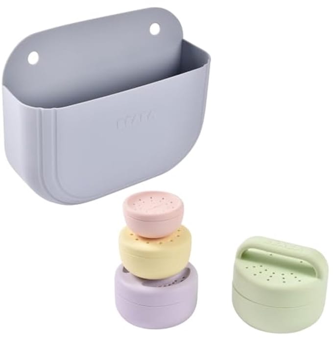 Set van 4 siliconen badspeelgoed en opbergmand voor baby's