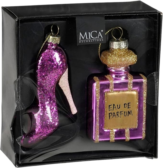 Mica kerstornament set Parfumfles Schoen Roze