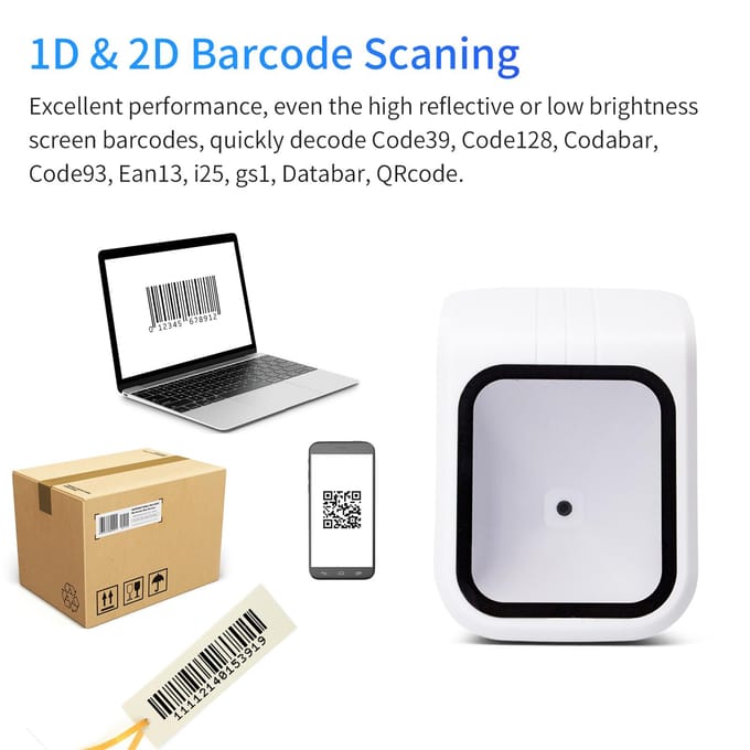 Plate-forme de scanner de codes-barres QR 1D 2D avec invite d'annonce vocale, lecteur de codes-barres filaire USB blanc