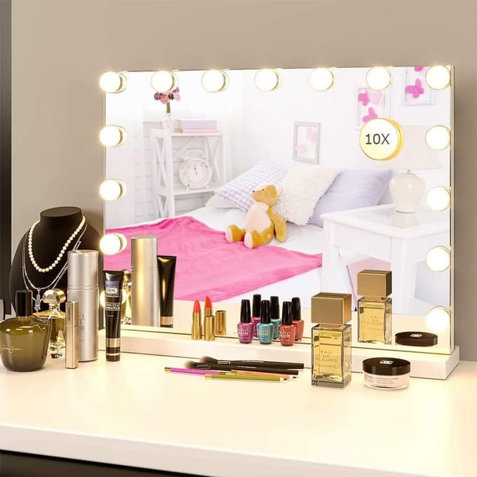 Hollywood Make-up Spiegel met Verlichting, 10x Vergroting, Dimbare LED Lampen