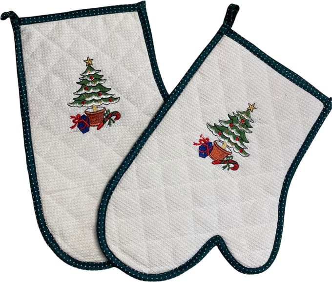 Ovenwant – Kerst – Set van 2 – Wit met Groene Rand en Kerstboom