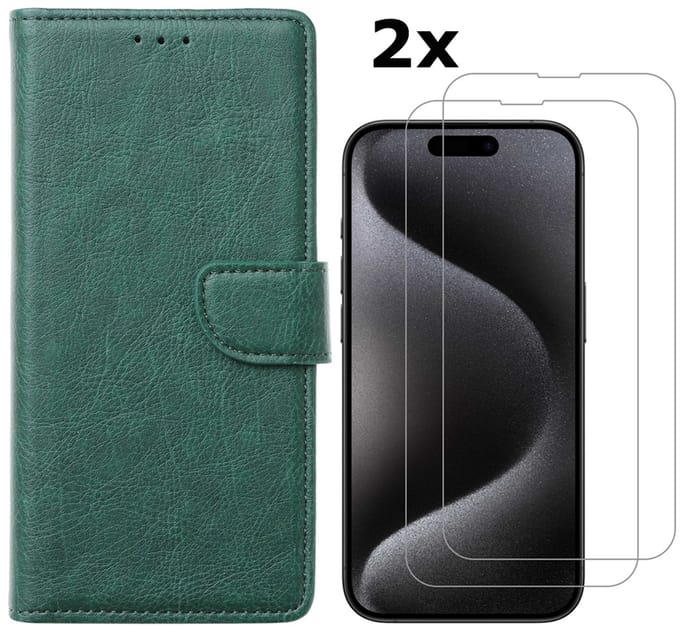 Hoesje Geschikt voor iPhone 15 Pro Max hoesje bookcase met 2x screenprotector – Groen