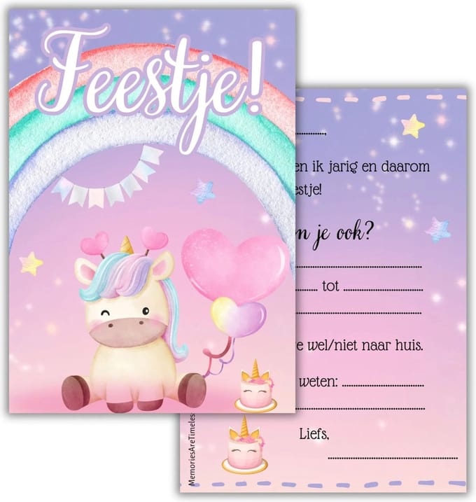 Unicorn Uitnodigingen – Set van 6 Kaarten – Kinderfeestje