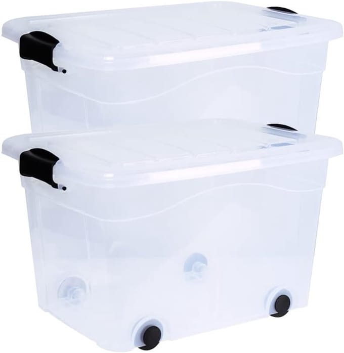 Set van 2 opbergdozen met wieltjes 20L transparant