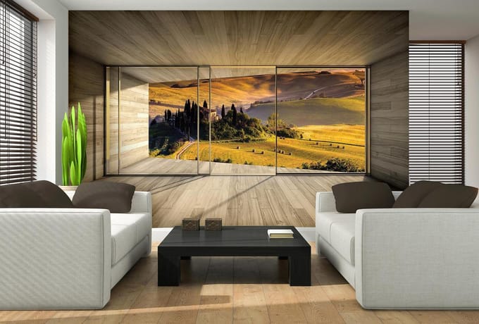 Window Landscape Italian Meadow Hills Photo Wallcovering