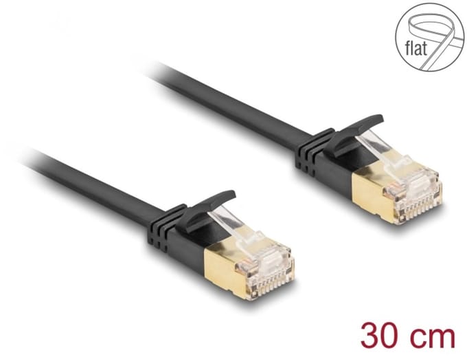 Delock RJ45 Network Cable Cat.6A plug to plug with robust latch and Cat.7 raw flat cable U/FTP 0.3 m black