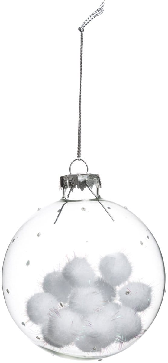 JJA - Glazen kerstbal met katoenen balletjes 8 cm