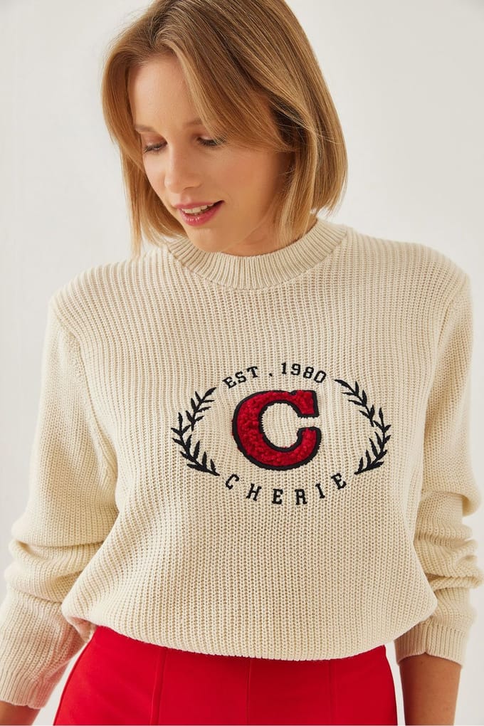 Geborduurd Crew Neck Gebreid Sweater