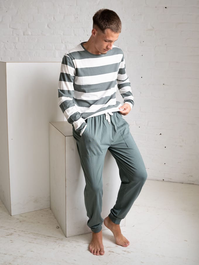 Phil & Co Heren Pyjama Set Lang Groen Gestreept - Maat XXL