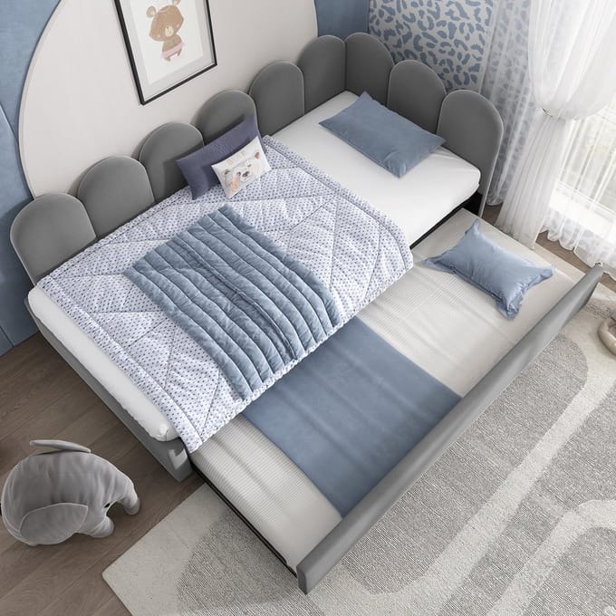 MODFU Bedframe 90x200 cm – Daybed met uitschuifbed 90x190 cm – Gestoffeerd in grijs fluweel – Met roosterdesign