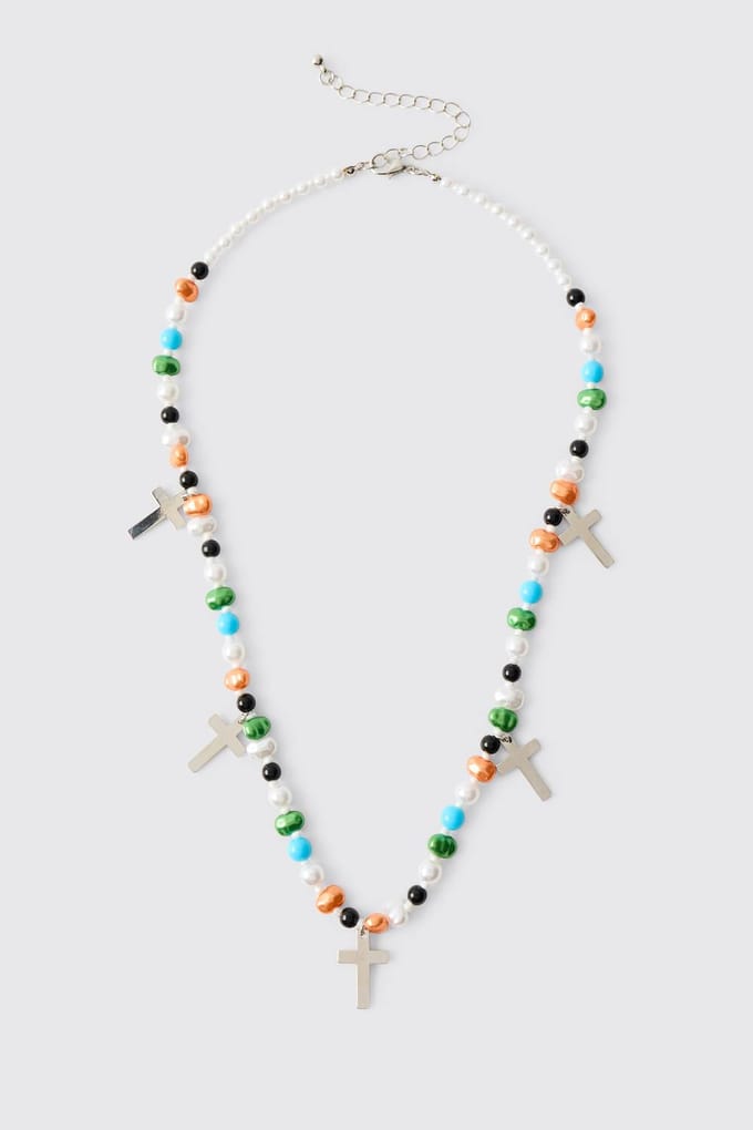 Multi Colour Beaded Necklace with Silver Cross Charms