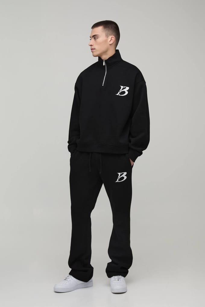 Oversized Boxy B 1/4 ritssluiting gestapeld trainingspak | Black | Size XL