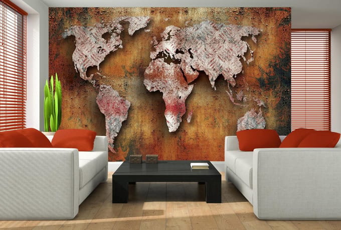 World Map On Wood Photo Wallcovering