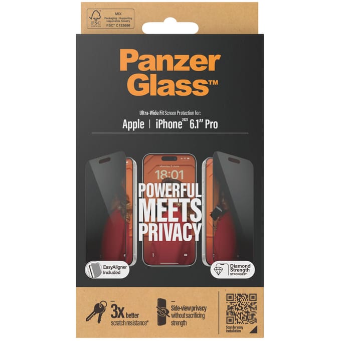 PanzerGlass Screenprotector geschikt voor Apple iPhone 15 Pro Glazen | PanzerGlass Ultra-Wide Fit Screenprotector Privacy - Case Friendly + Installatie Frame