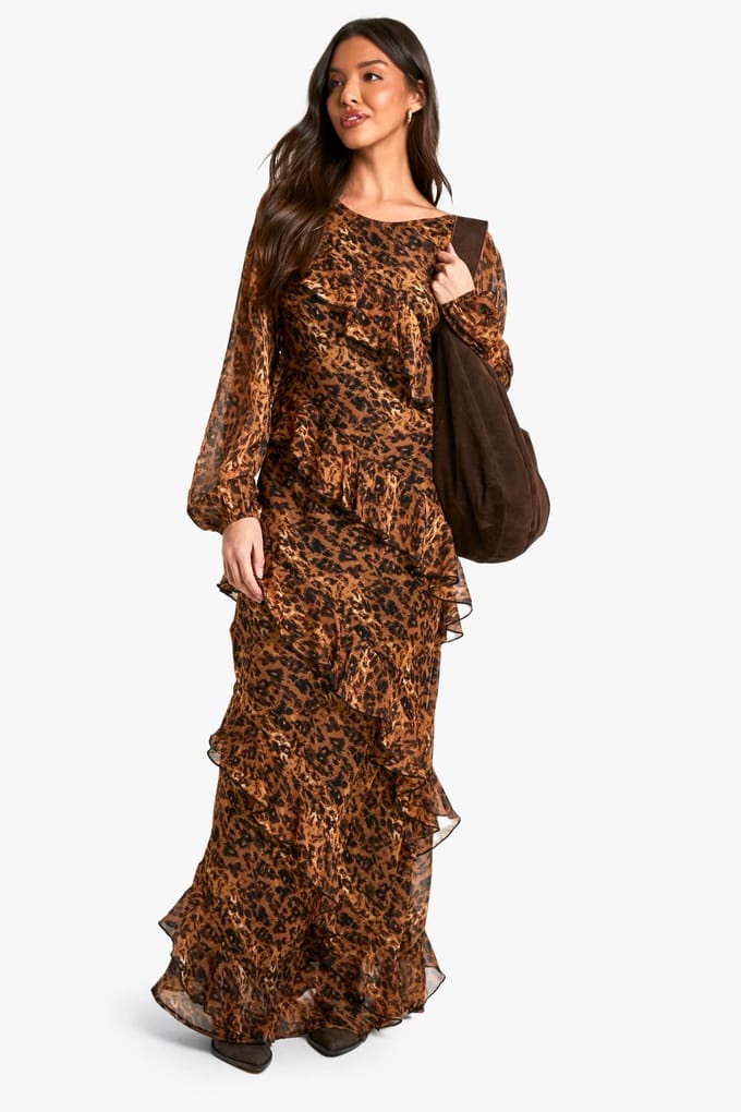 boohoo Dames Luipaard Ruffle Chiffon Maxi-jurk | Maat: 36