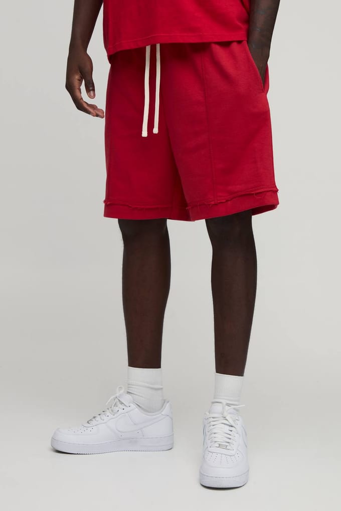 Baggy Drop Crotch Short met Zichtbare Naden en Loopback | Red | Size Medium