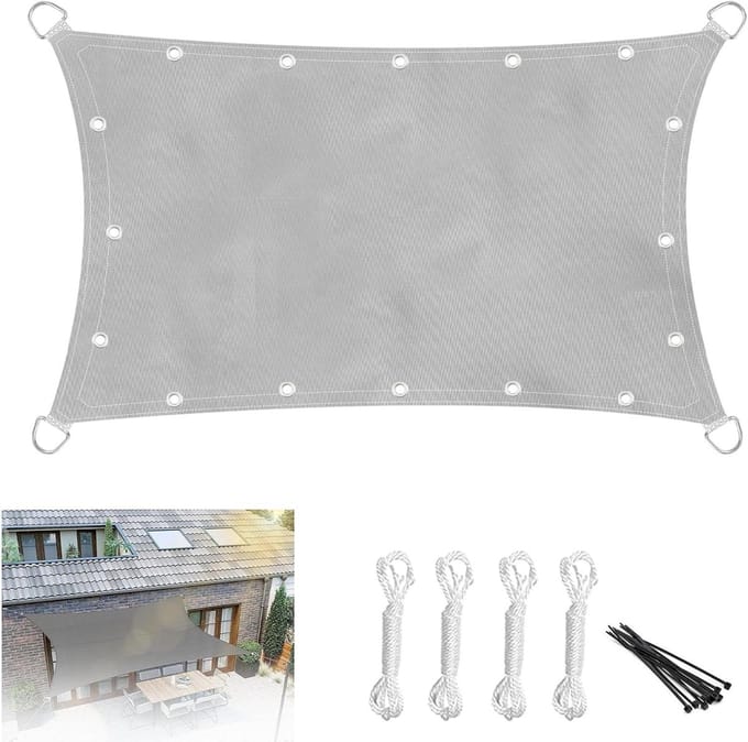 Balcony Awning, Waterproof Sun Shade Sail, Rectangular Awning with Eyelets and Rope, UV Protection, Light Grey Awning Fabric for Balcony, Garden, Patio, 2 x 3 m