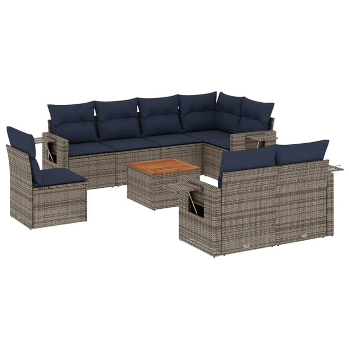 vidaXL - 9-delige - tuinbankset - met - kussens, - grijs - polyrotan
