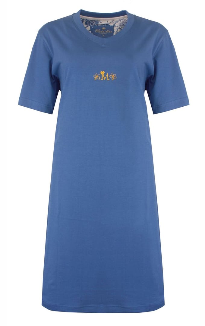 Medaillon Dames Nachthemd - Korte Mouwen - Katoen - Licht Blauw - Maat M
