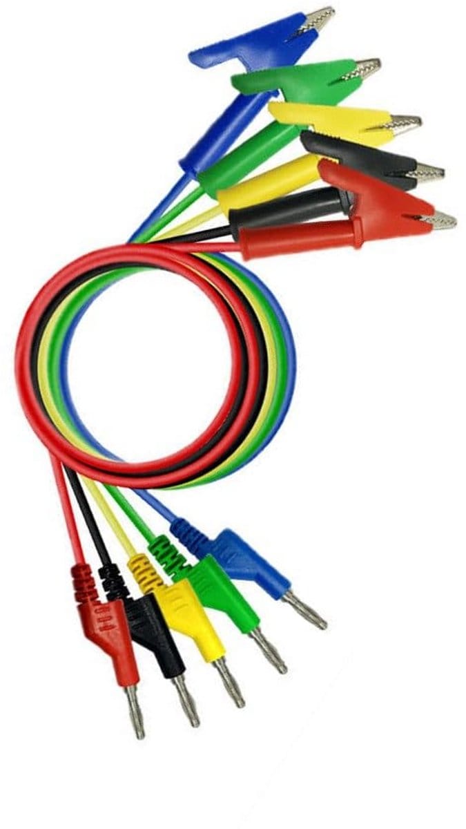 Multimeter Testkabel Banaan Plug naar Alligator Clip - 15A/1000V - 1M - 5 Kleuren - 5 Stuks