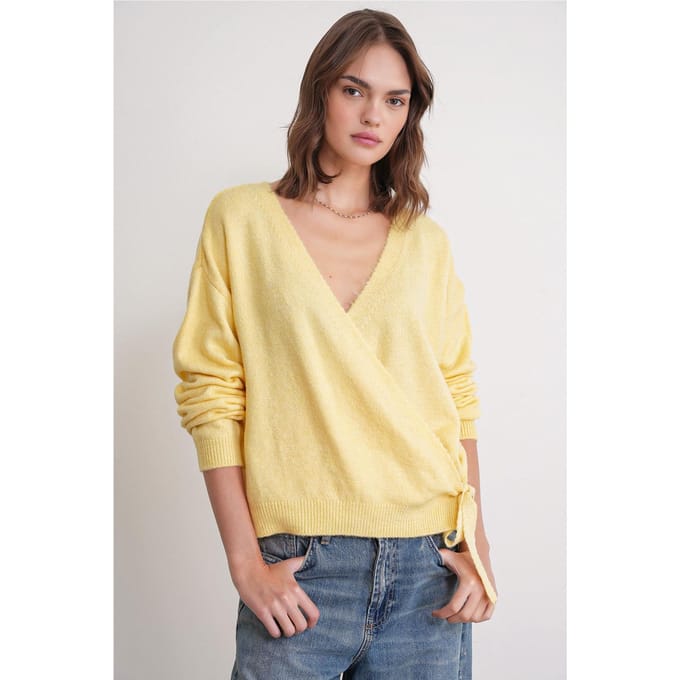 Geribde V-hals Strik-Voorkant Cardigan