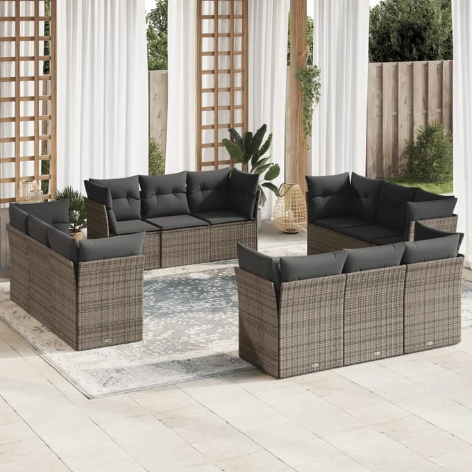 vidaXL - 12-delige - Loungeset - met - kussens - poly - rattan - grijs