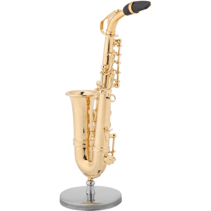 Miniatuur Altsaxofoon Replica met Standaard en Koffer Verguld Instrument Model Ornamenten beige