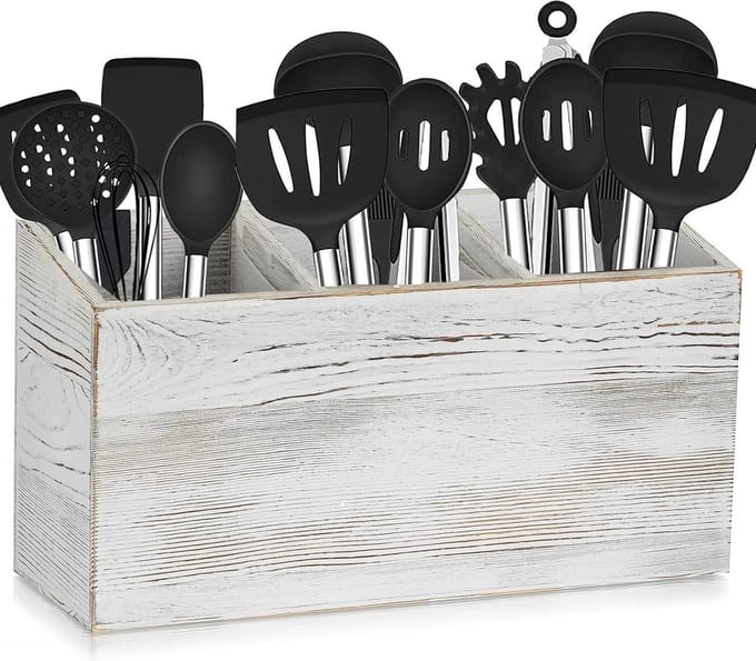 Houten Keukengerei Organizer - Vintage Wit Bestek Caddy met 3 Compartimenten