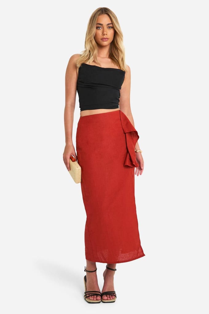 boohoo Dames Midaxi-rok met drape detail en split | Roest | Maat: 34