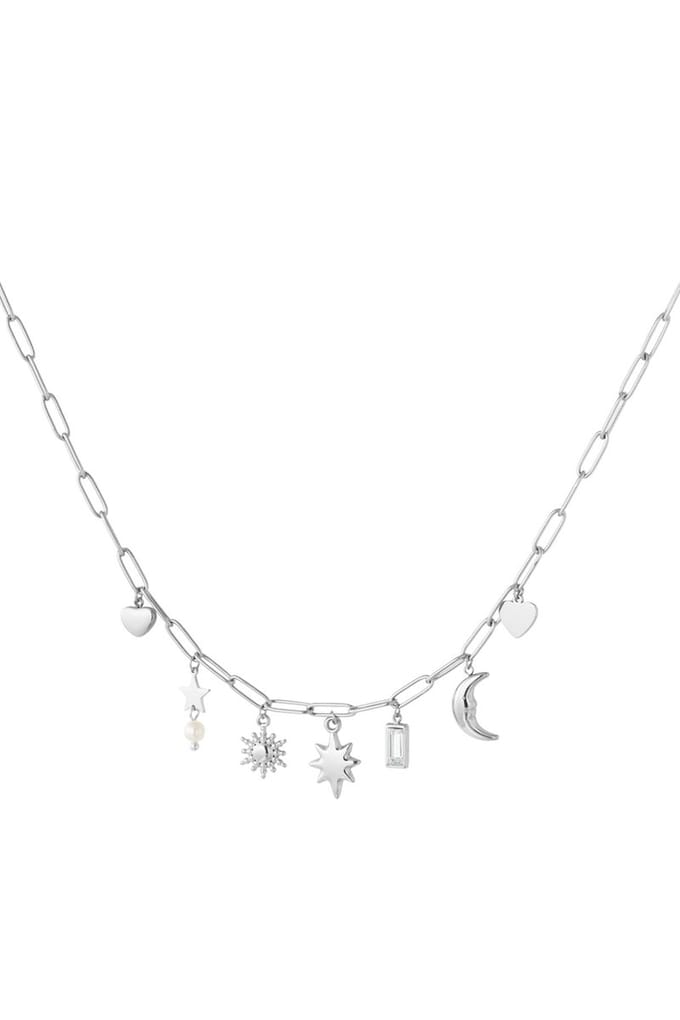 Bedelketting - Stainless Steel - Strass - Parel - 42+5 cm - Zilverkleurig