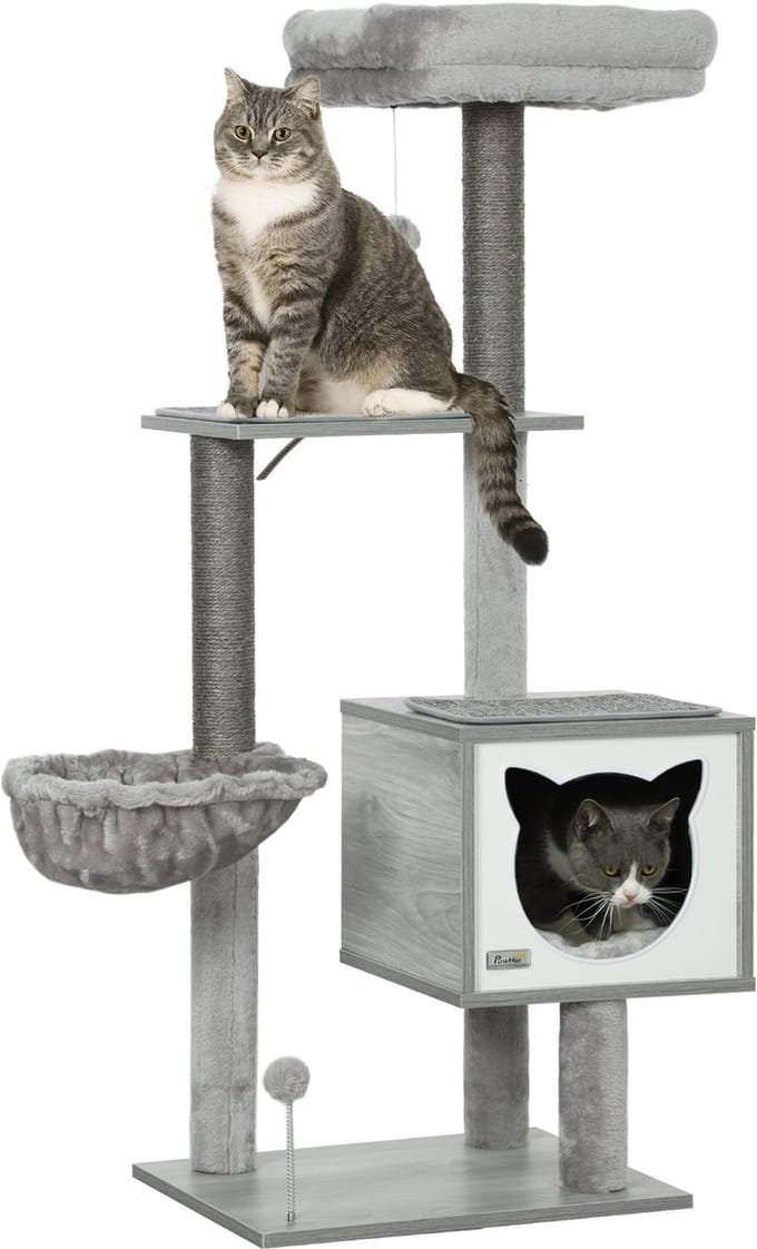 PawHut-kattenboom-48x40x126cm-korte pluche-lichtgrijs