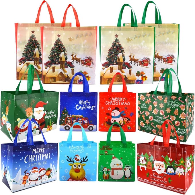 12 Herbruikbare Kerstcadeautassen met Handvatten in 3 Maten - Waterbestendig