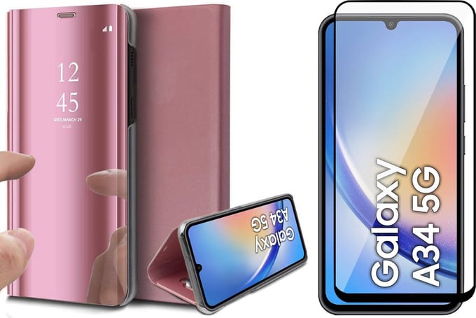 Hoesje geschikt voor Samsung Galaxy A34 - Screen Protector FullGuard - Book Case Spiegel Roségoud & Screenprotector