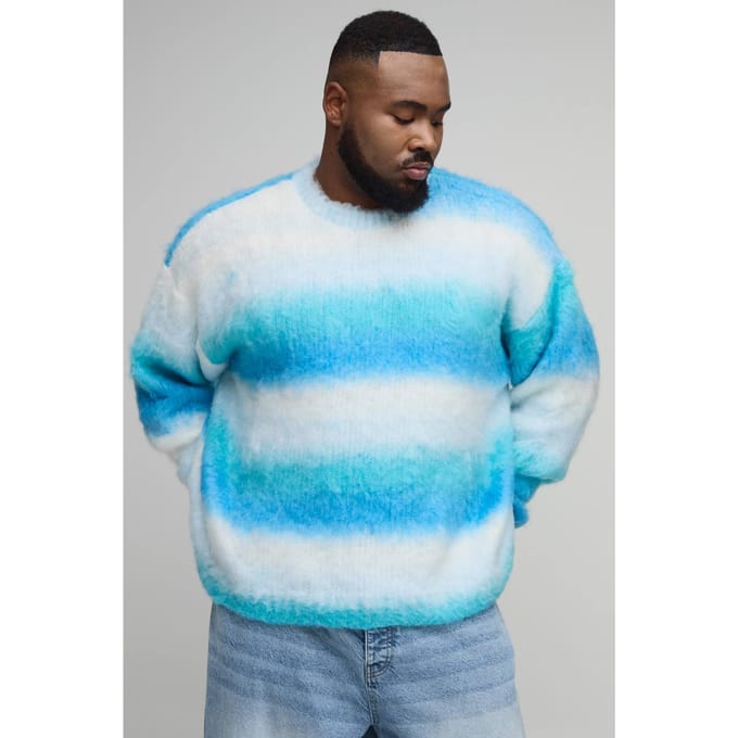 Plus Boxy Oversized Geborstelde Streep Gebreide Trui | Blue | Size 3XL