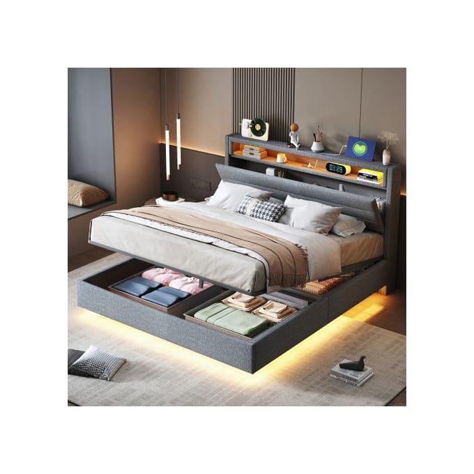 Gestoffeerd bed - MUVOE - 140x200 cm - Hydraulische opbergruimte - USB-aansluiting en veelkleurige LED's - Drijvend frame linnen stof