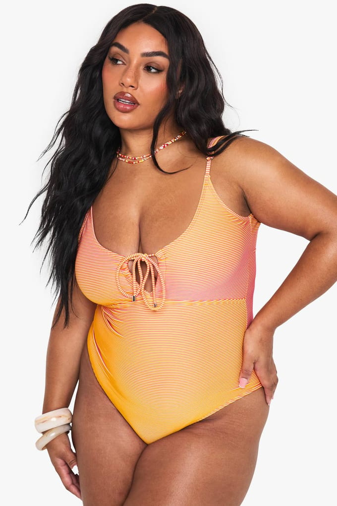 boohoo Dames PLUS TEXTURED STRIPE CUTOUT BADKOSTUUM | Orange | Maat: 26
