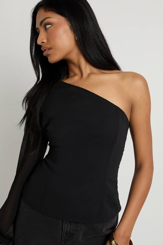 boohoo Dames Chiffon blouse met een schouder | Black | Maat: 6