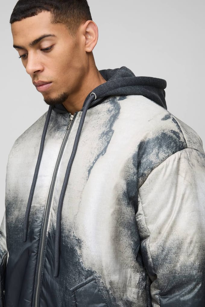 Oversized Abstract Print Hooded Bomber Jacket In Charcoal | Size Medium