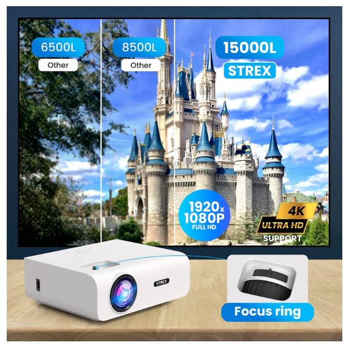 Strex Mini Beamer WiFi - Beamer 1080P Full HD - 15000 Lumen - Projector met Bluetooth en Draadloos Streamen