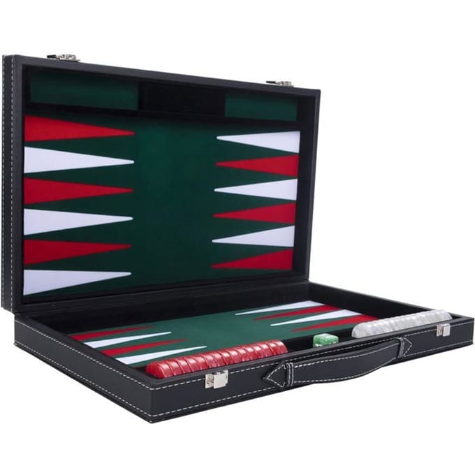 Backgammon 18 inch - Groen, Rood & Wit Ingelegd Bord - Kunstlederen Koffer met Handvat - Engelhart