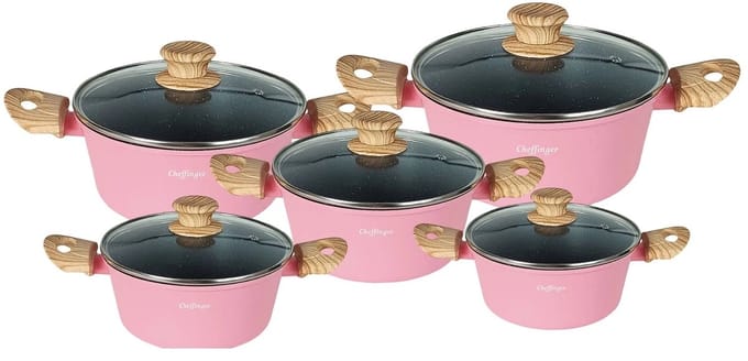 Cheffinger Pannenset - 10-delig - Roze - Inductie - Met Glazen Deksels