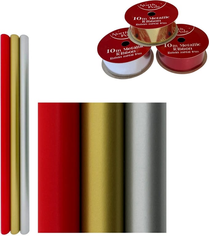 Driekleur cadeaupapier - Gecoat inpakpapier kerstpapier - 3 meter x 70 cm - 3 rollen & Cadeaulint