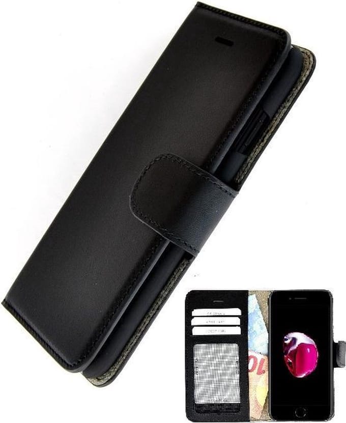 Echt Leder Zwart Wallet Bookcase Pearlycase Hoesje Geschikt voor Apple iPhone 7 Plus