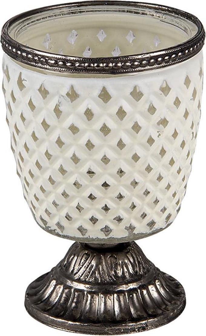 Clayre & Eef Theelichthouder Ø 9x13 cm Wit Glas Metaal Rond Waxinelichthouder