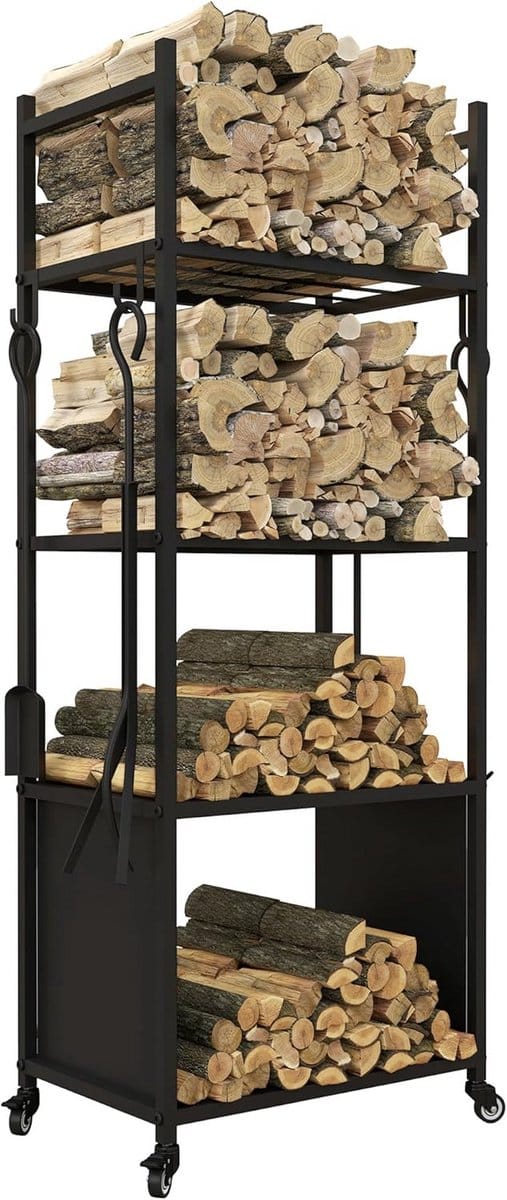 Stijlvol en Functioneel Houtopslagrek met Rollen - 45 x 30 x 118 cm
