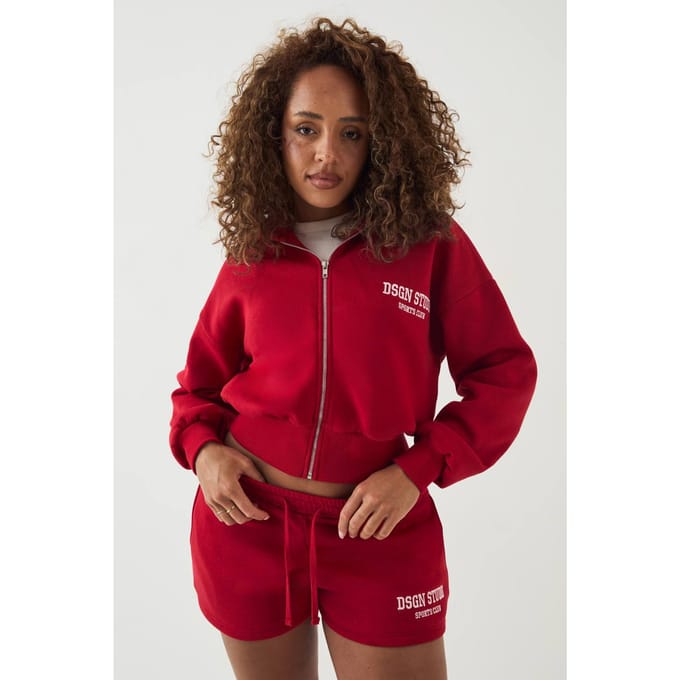 Dames Dsgn Studio Applique Boxy Crop Hoodie Met Rits | Red | Maat: 2XL
