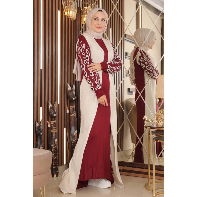 Met patroon Sleeve Gebreid Jurk Bourgondisch